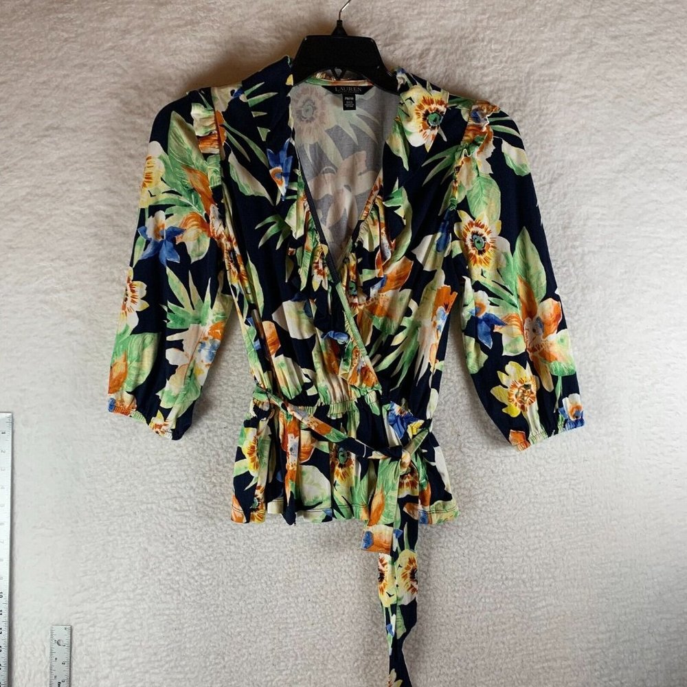 Lauren Ralph Lauren Black Label Women's‎ Floral Belted Peplum Top Petite M 8949